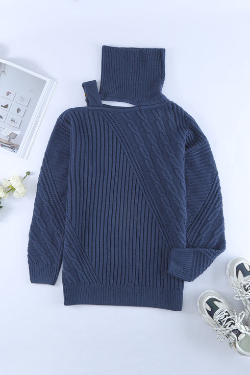 Strapped Cut Out Shoulder Turtleneck Sweater